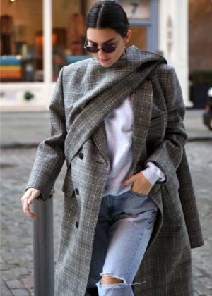 Kendall Jenner in Long Coat and Jeans out to lunch in New York