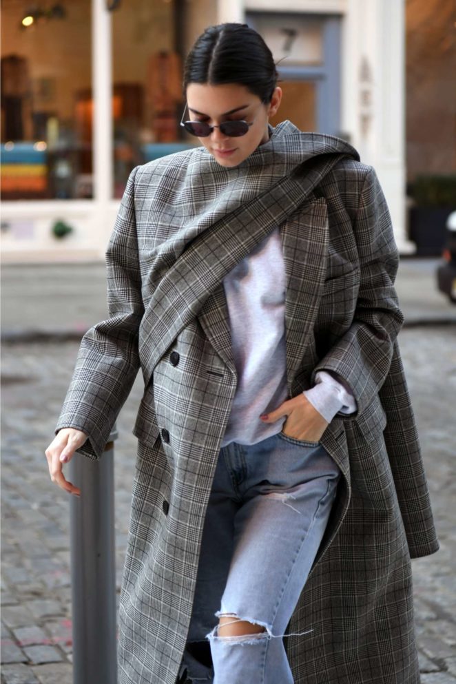 Kendall Jenner in Long Coat and Jeans out to lunch in New York