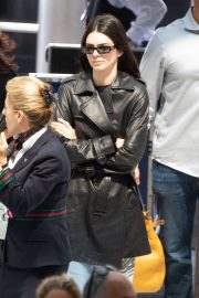 Kendall Jenner - In long leather jacket at JFK