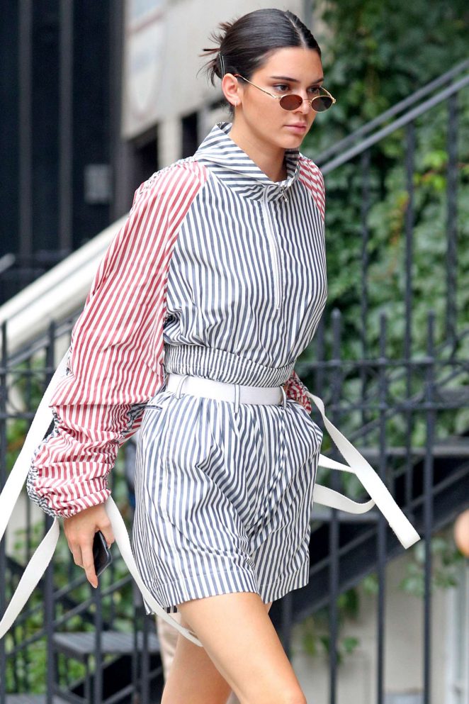 Kendall Jenner wearing a Striped Jumpsuit in NYC