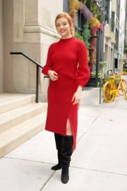 Kennedy McCann in Red Knit Dress - Leaves Buzzfeed in New York City