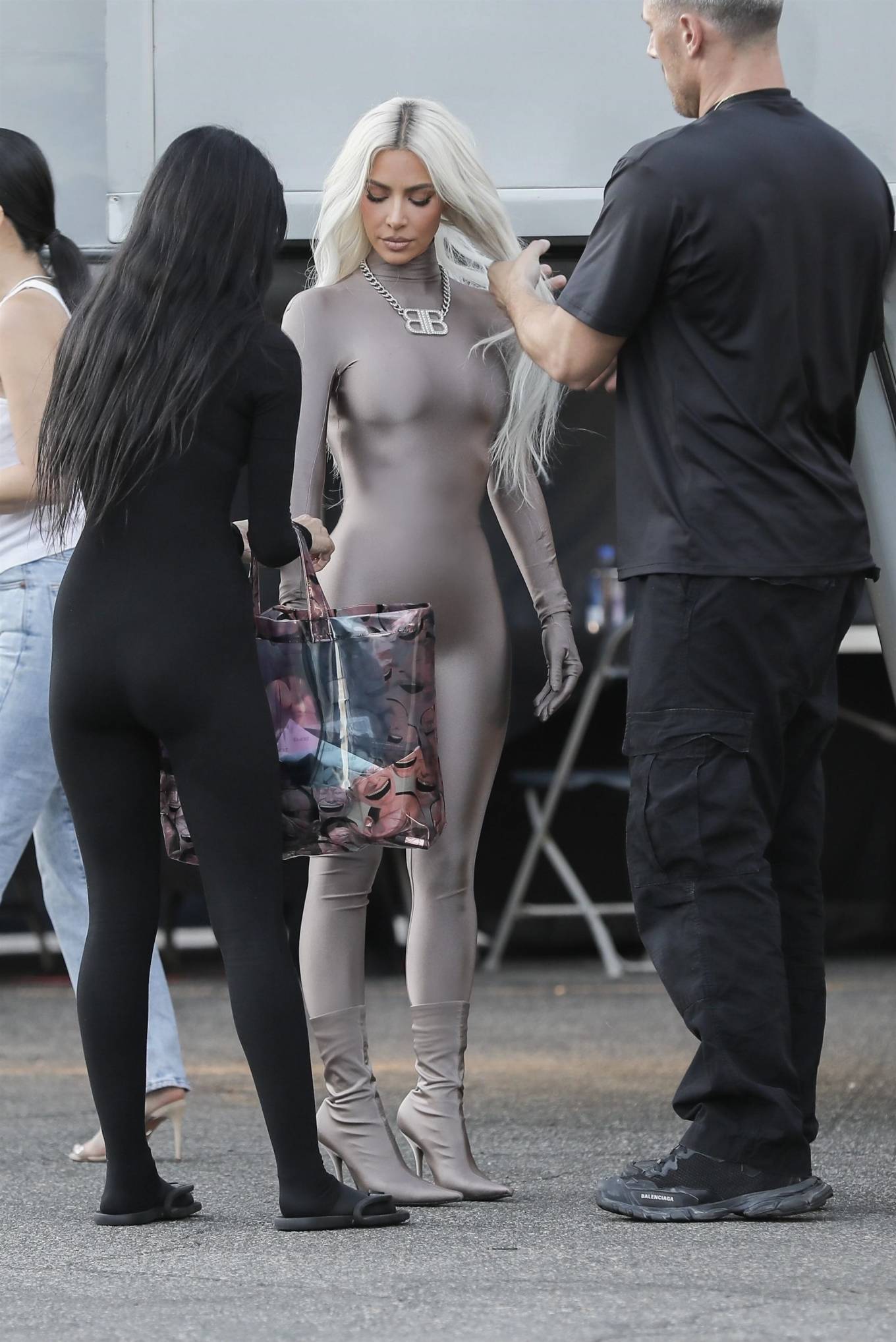 Kim Kardashian 2022 : Kim Kardashian – In a skin-tight steel colored ensemble shoots a commercial for Hulu in LA-19