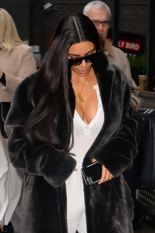 Kim Kardashian in Black Fur Coat Going to a meeting in NYC