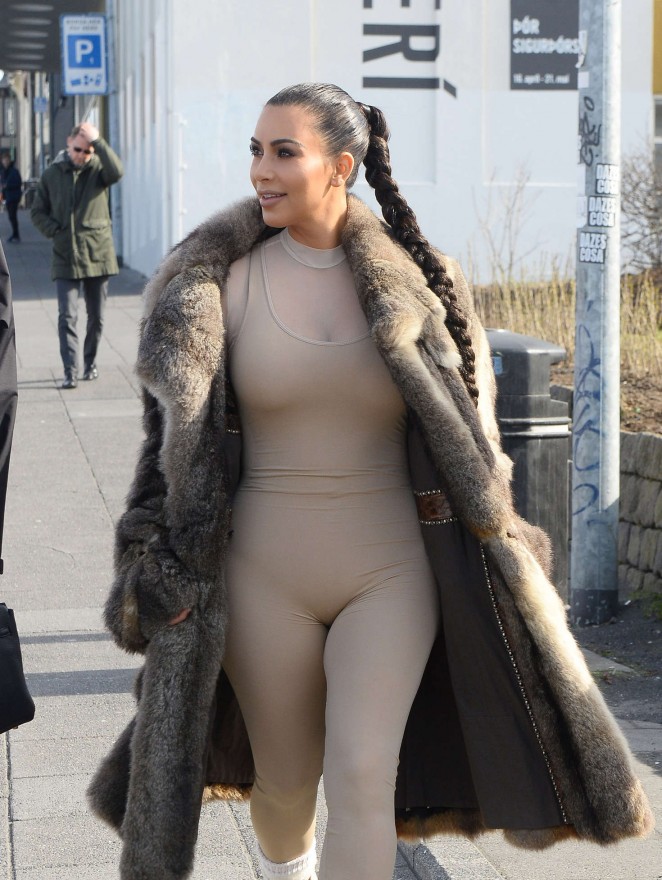 Kim Kardashian in catsuit and fur coat in Iceland
