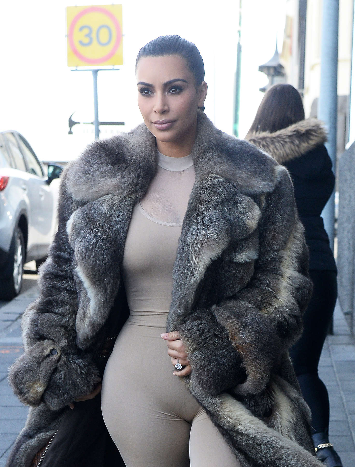 Kim Kardashian In Catsuit And Fur Coat 15 Gotceleb