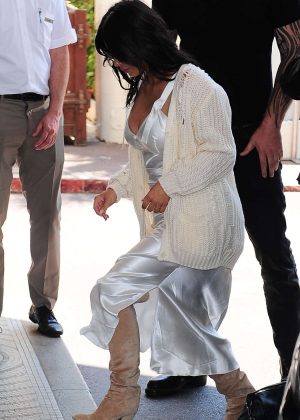 Kim Kardashian in White Satin Dress at Martinez Hotel in Cannes