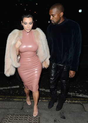 Kim Kardashian in Leather Dress Out in London