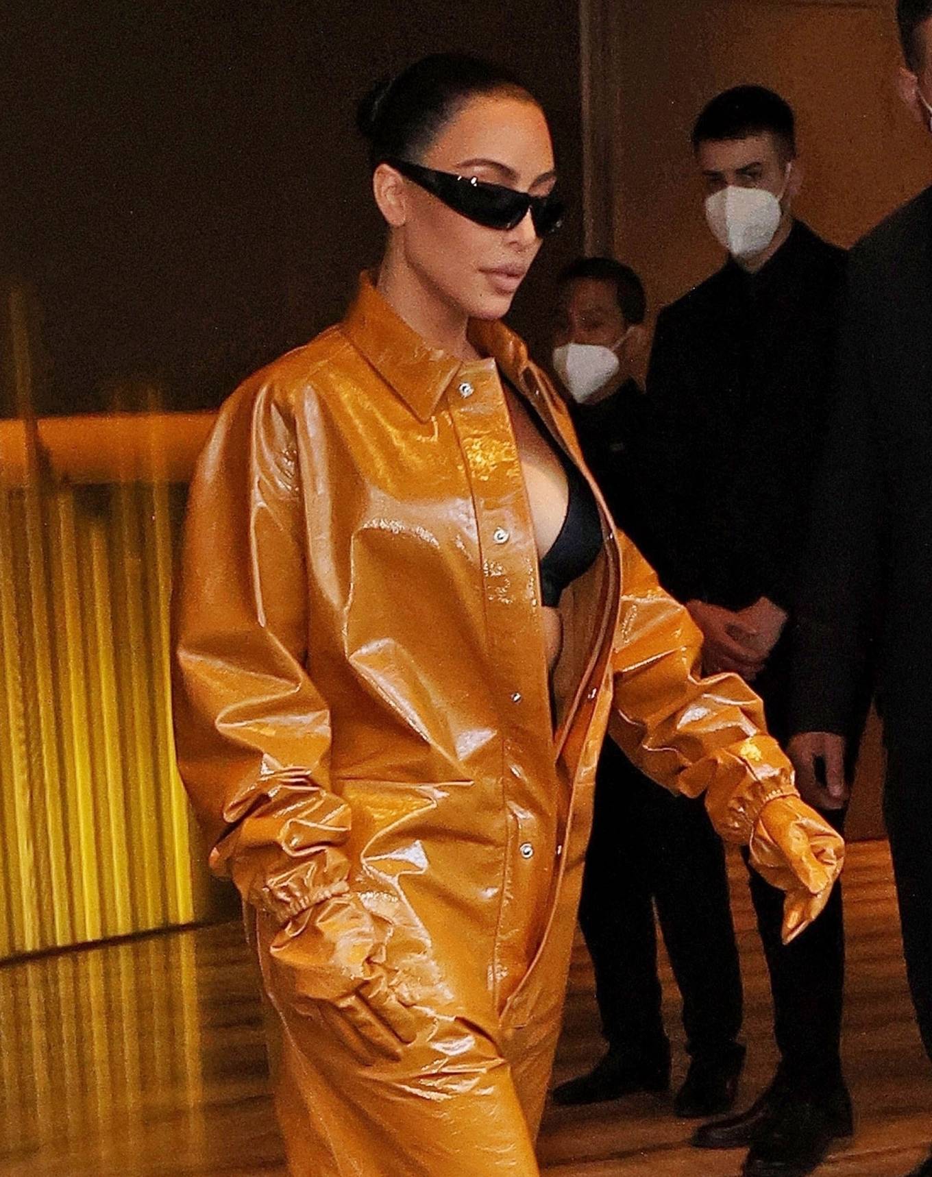 Kim Kardashian – Rocks a PVC leather outfit during Milan