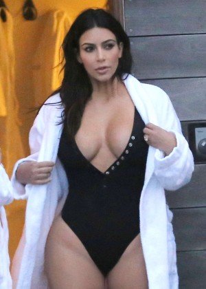 Kim Kardashian in Black Swimsuit in Iceland