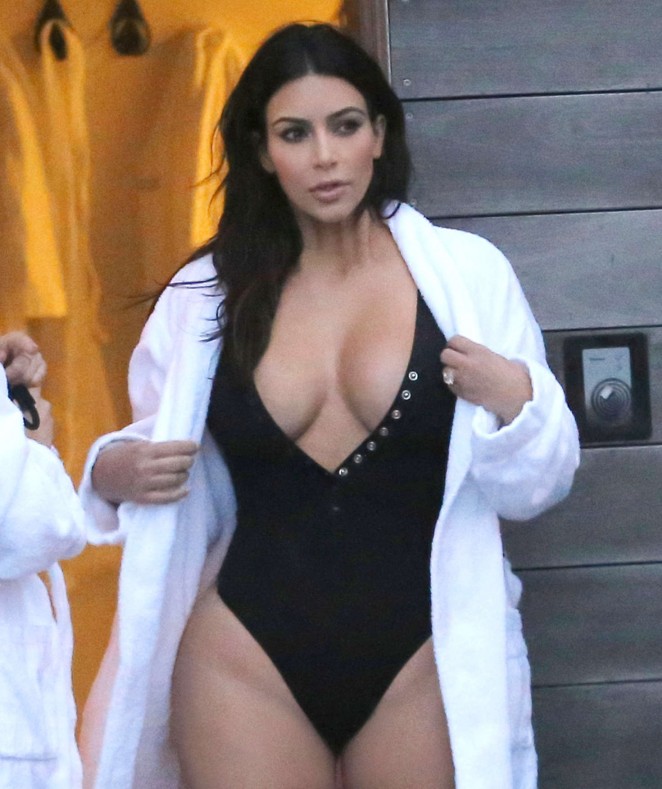 Kim Kardashian in Black Swimsuit in Iceland