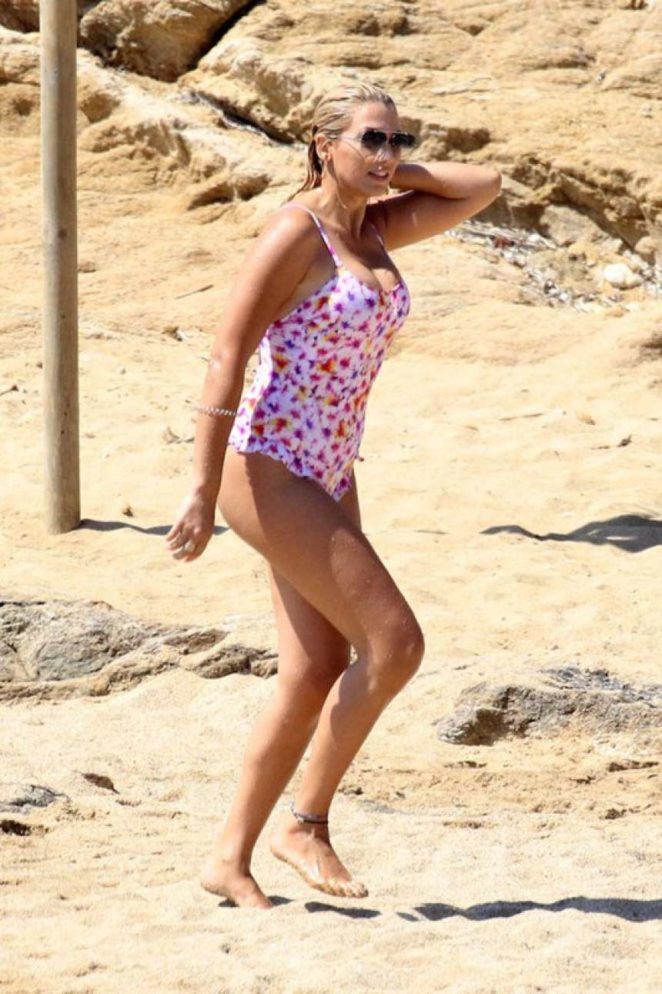 Konstantina Spyropoulou in Floral Swimsuit at the beach in Mykonos