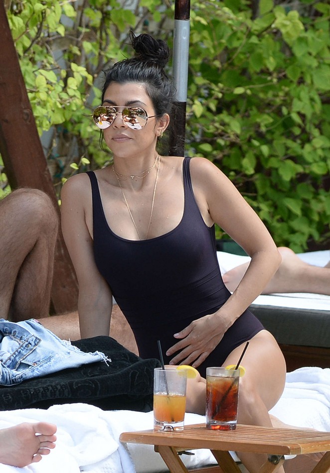 Kourtney Kardashian in Black Swimsuit in Miami