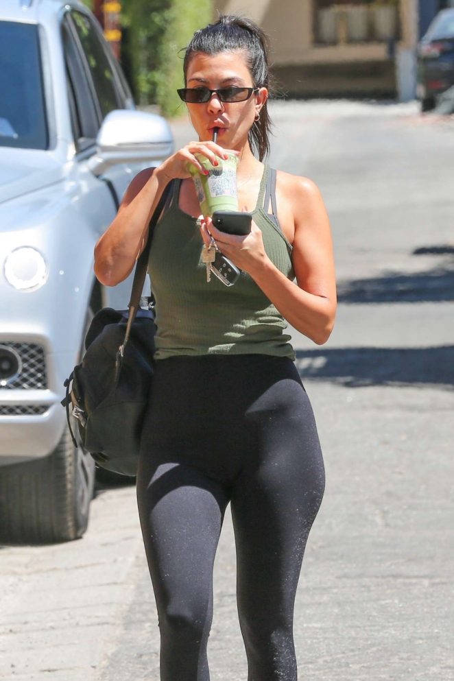 Kourtney Kardashian in Green Tank Top and Leggings in West Hollywood