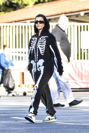 Kourtney Kardashian - Wearing a skeleton onesie while out in Calabasas