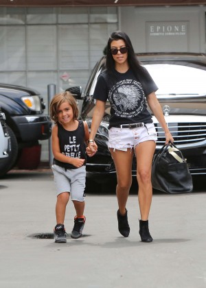 Kourtney Kardashian in Shorts with her son in Beverly Hills