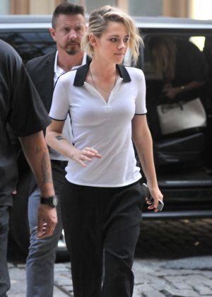Kristen Stewart arrives at a press junket in New York City