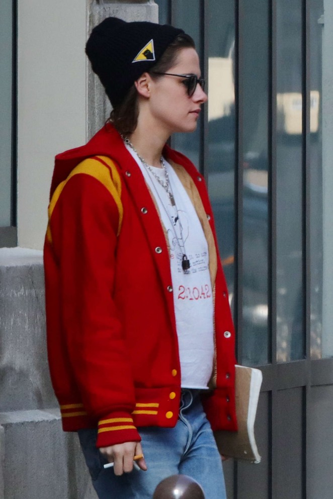 Kristen Stewart in Red Jackets Out in Paris