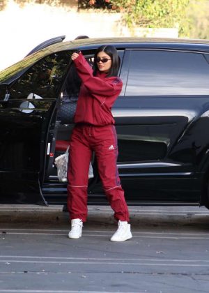 Kyle Jenner in Red Outfit at Starbucks in LA
