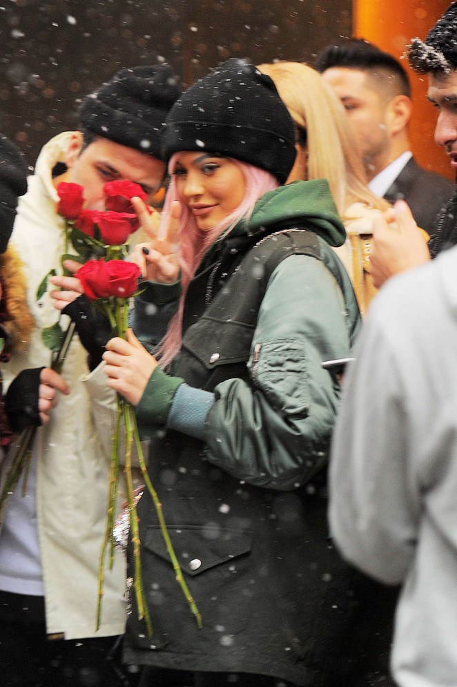 Kylie Jenner greets her fans in the snowfall in NY