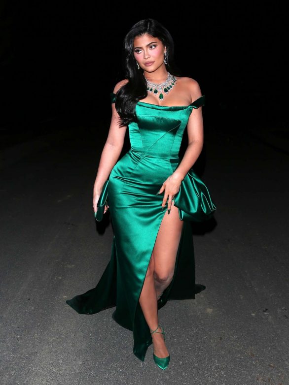 Kylie Jenner in Green Satin Dress - Going to the Kardashian's Christmas Eve bash in LA