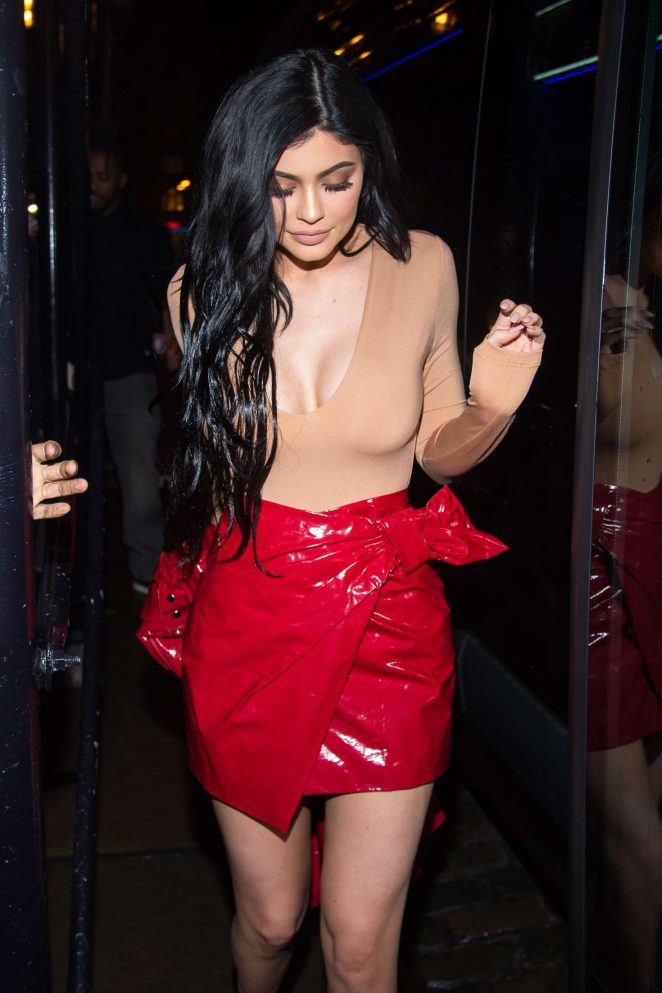 Kylie Jenner in Red Mini Skirt Going to Dinner in New York