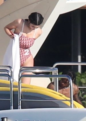 Kylie Jenner in Shorts and Swimsuit - On a yacht in the Bahamas