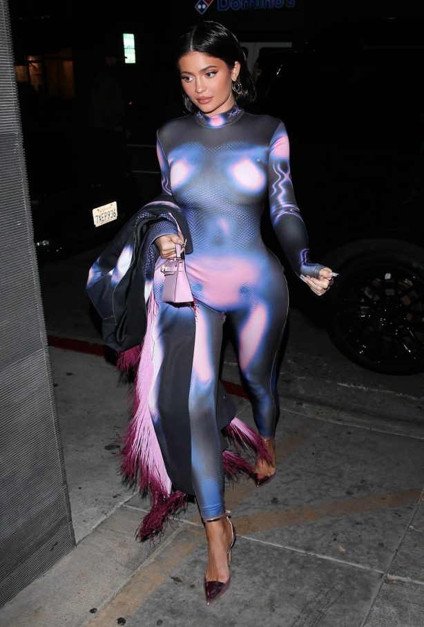Kylie Jenner - Night out in Fortnite galaxy skin look catsuit at Nobu in Malibu