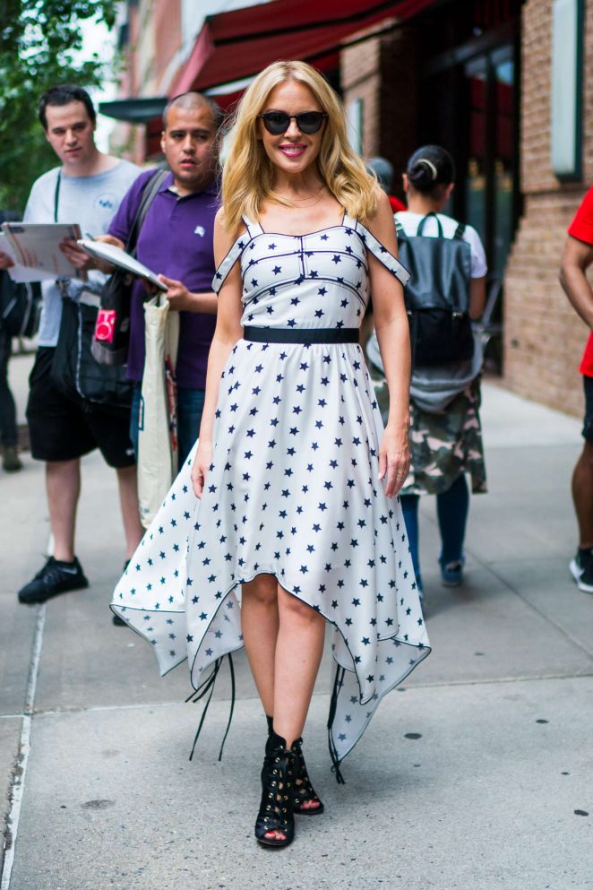 Kylie Minogue Wearing a white dress with blue stars out in NYC