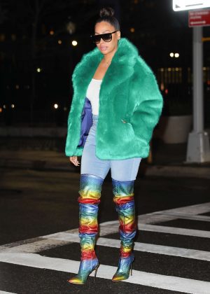 La La Anthony in Green Fur Coat out in NYC