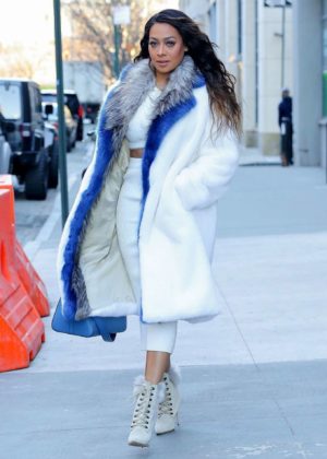 La La Anthony in White Long Coat out in NYC