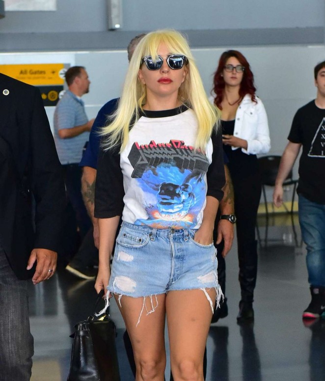 Lady Gaga in Denim Shorts at JFK Airport in NY