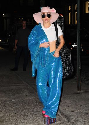 Lady Gaga in Blue Glitter Pantsuit in New York