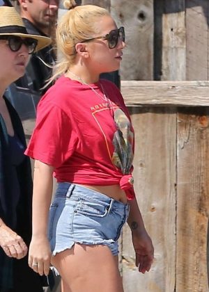 Lady Gaga in Denim Shorts Shopping at Vintage Grocers in Malibu