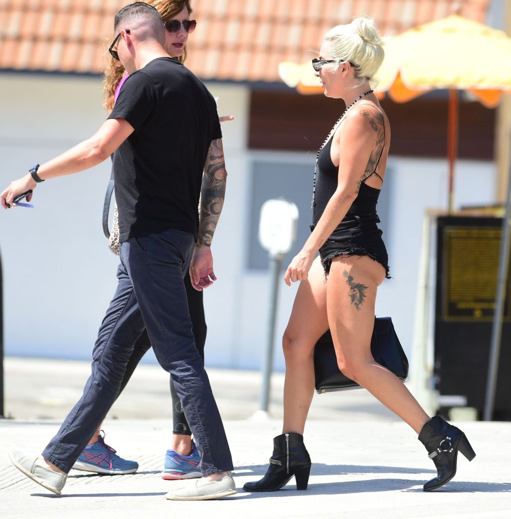 Lady Gaga in Jeans Shorts at a restaurant in Los Angeles