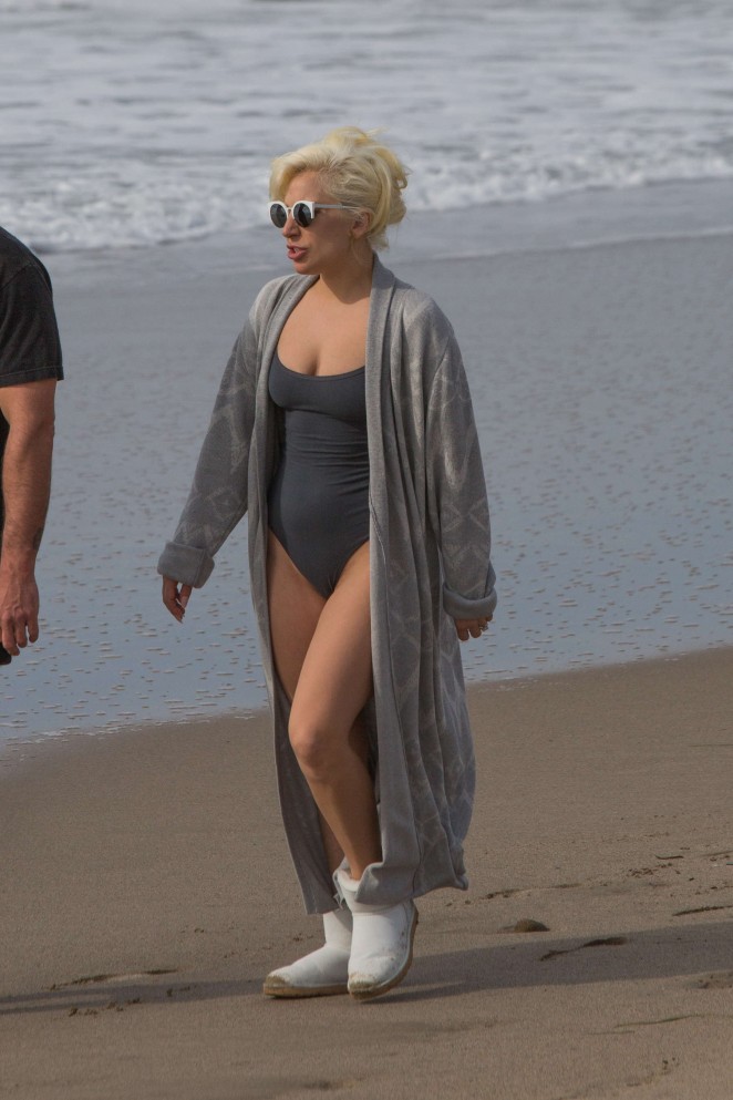 Lady Gaga in Swimsuit on Malibu Beach