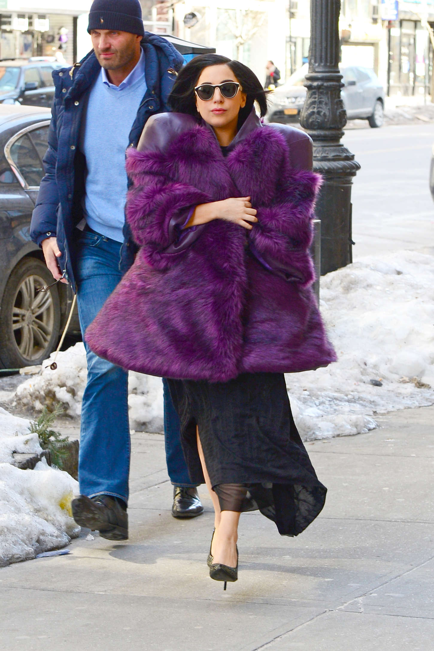 Lady Gaga in Purple Fur Coat -04 | GotCeleb