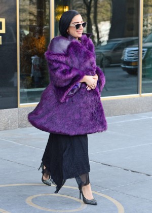 Lady Gaga in Purple Fur Coat Out in NYC