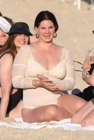 Lana Del Rey - In a beige one piece bathing suit on Ipanema beach in Rio