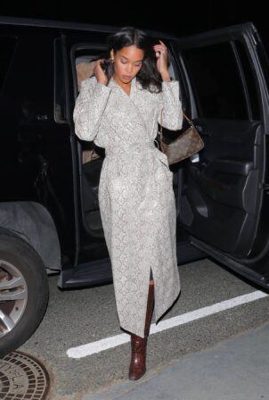 Laura Harrier - Arriving at Jennifer Klein’s Christmas Party in Brentwood