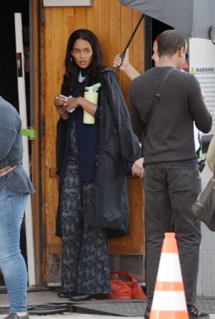 Laura Harrier - Seen on the set of the Michael Jackson biopic film filming in Los Angeles
