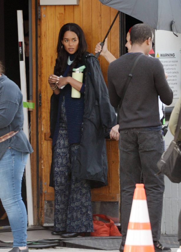 Laura Harrier - Seen on the set of the Michael Jackson biopic film filming in Los Angeles