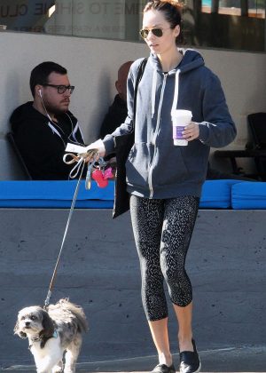 Laura Vandervoort in Tights with her dog out in West Hollywood