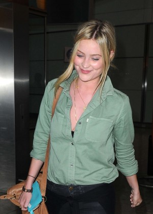 Laura Whitmore at Heathrow Airport in London