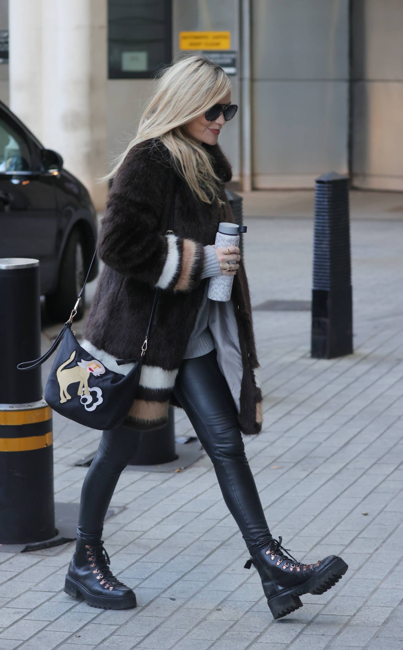 Laura Whitmore In Leather Pants And Boots Arriving At The Bbc Studios