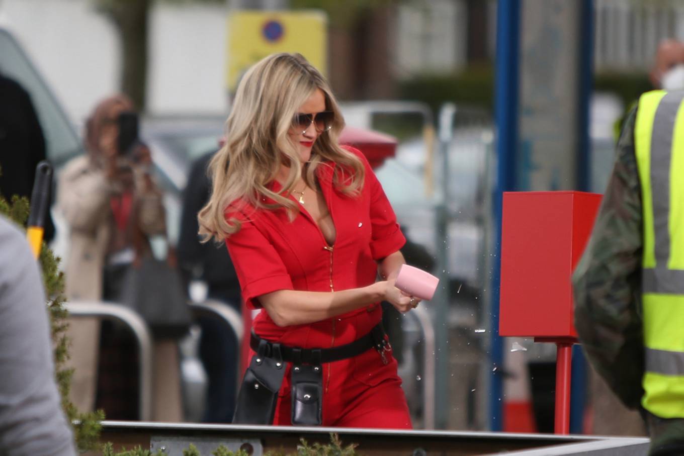 Laura Whitmore 2021 : Laura Whitmore – in red jumpsuit on the set of Love Island 2021 in Barking – East London-02