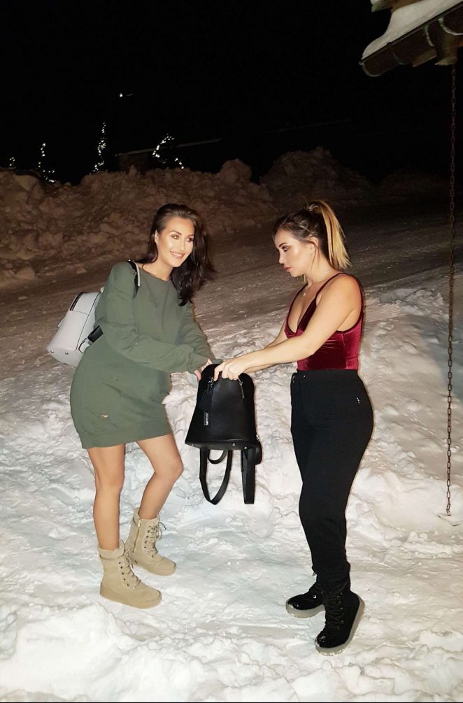 Lauryn and Chloe Goodman - Leaving the L'Aigle des Neiges hotel in France