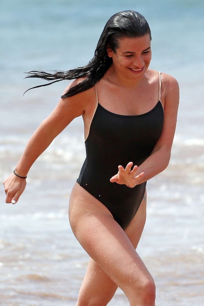 Lea Michele in Black Swimsuit on the beach in Maui