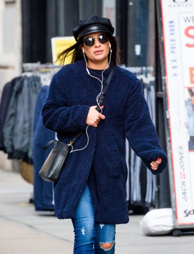 Lea Michele in Blue Coat out in New York City