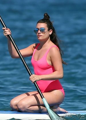 Lea Michele in Pink Swimsuit Paddleboarding in Hawaii