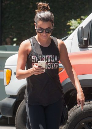 Lea Michele in Tights at a nail salon in Los Angeles